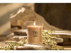 Woodwick Vonná svíčka střední ve skle s dřevěným knotem, 275 g