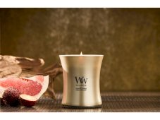 Woodwick Vonná svíčka střední ve skle METALICKÁ s dřevěným knotem, 275 g