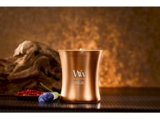 Woodwick Vonná svíčka střední ve skle METALICKÁ s dřevěným knotem, 275 g
