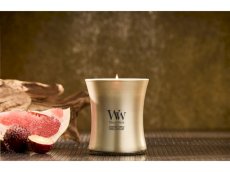 Woodwick Vonná svíčka střední ve skle METALICKÁ s dřevěným knotem, 275 g