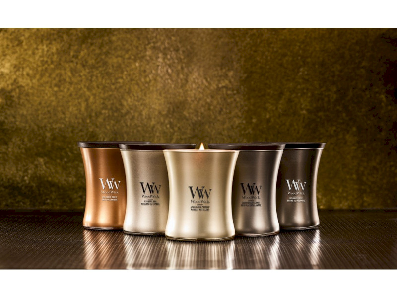 Woodwick Vonná svíčka střední ve skle METALICKÁ s dřevěným knotem, 275 g